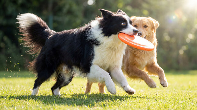 Border Collie dog running with orange frisbee in mouth and Golden Retriever chasing behind in sunny park. A remedy for ticks.