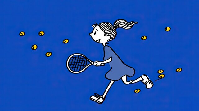 A cartoon of a girl playing tennis with many yellow tennis balls 