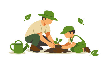 Asian adult and child gardening together with young plant and green leaves
