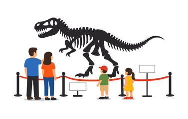 Family observing dinosaur skeleton exhibit at museum