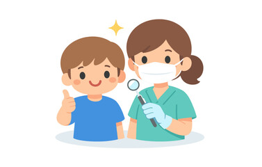 Smiling child and female dentist cartoon character with dental tools