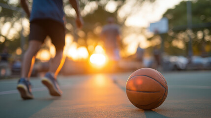 Basketball on Outdoor Court at Sunset