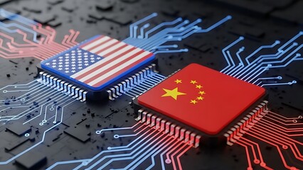 A computer chip with the flags of USA and China on a circuit board