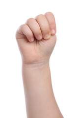 Little girl showing fist on white background, closeup