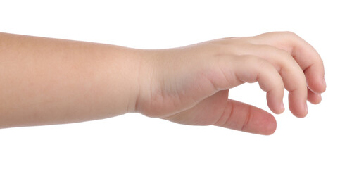 Little girl holding something on white background, closeup