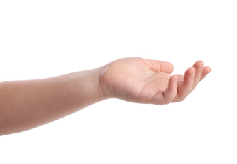 Little girl holding something on white background, closeup