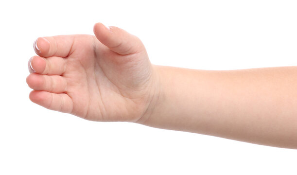 Little girl holding something on white background, closeup