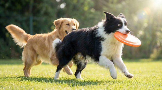 Two dogs playing chase game: Black and white dogs racing with orange disc outdoors