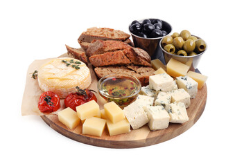 Different types of cheese and other snacks isolated on white