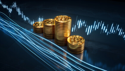 Bitcoin coins stacked on dark surface with financial graph