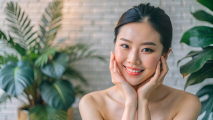 Young Asian woman smiling and relaxing among indoor plants  
