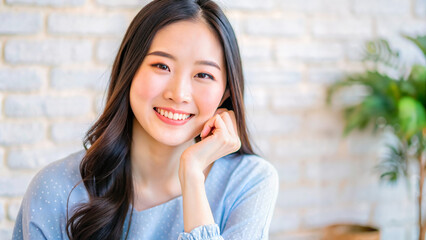 Young Asian woman smiling and resting chin on hand indoors  