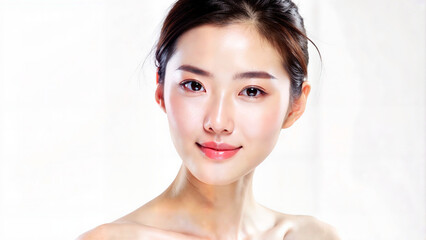 Young Asian woman smiling with natural makeup in soft light setting  