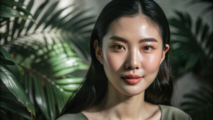 Young Asian woman smiling gently in front of green palm leaves  