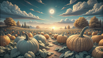 Pumpkin field under moonlight with clouds at sunset in autumn  