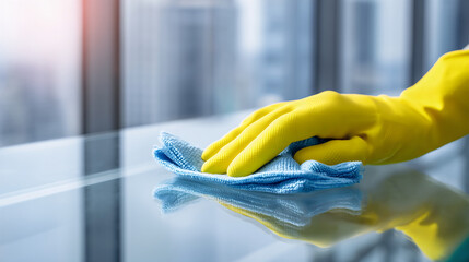 Person cleaning the office desk with a cloth and  gloves, hand in yellow glove with sponge, hand in rubber glove with sponge, hand in glove holding sponge, cleaning the kitchen