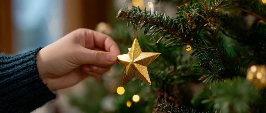 A hand carefully hangs a sparkling golden star on the Christmas tree.