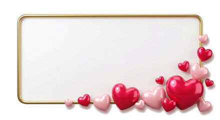 PNG image of Elegant rectangular golden frame adorned with shiny pink and red 3d hearts perfect for valentines messaging on transparent background