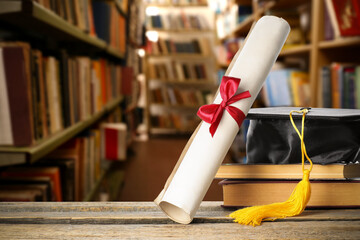 Diploma, graduate cap and books on wooden table in library. Scroll with red ribbon