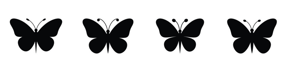 Black Butterfly Silhouettes Set, Minimalist Butterfly Icons with Antennae and Stinger Detail, Vector Insect Shapes for Logo Design, Nature Graphics and Tattoo Stencils, Set of 4 Isolated Elements