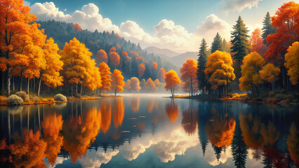Autumn landscape with colorful trees reflecting on tranquil lake  