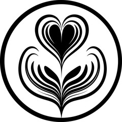 Black circle with white heart and latte art design love coffee, Latte Art Heart and Rosetta Vector Logo