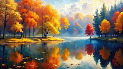 Autumn landscape with colorful trees and serene lake reflections  