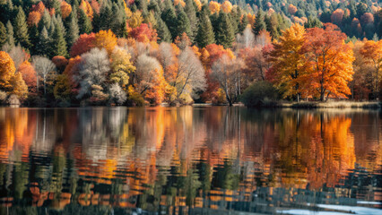 Autumn landscape with colorful trees reflecting in calm lake  