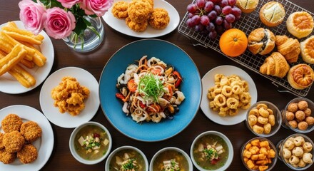 Variety of food on a table with pink roses and a blue bowl of seafood
