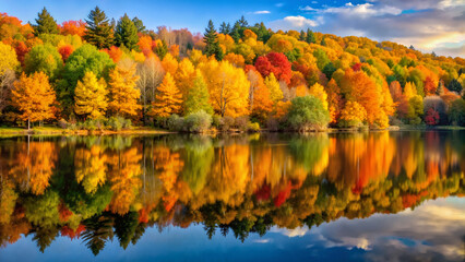 Autumn forest reflecting on calm lake under a blue sky  