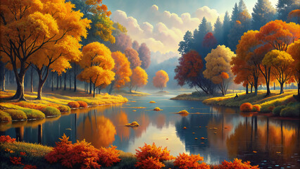 Autumn landscape with colorful trees and serene lake reflection  
