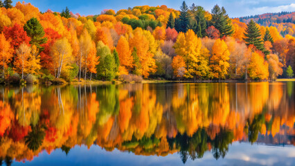 Autumn landscape with colorful trees reflecting on calm water  
