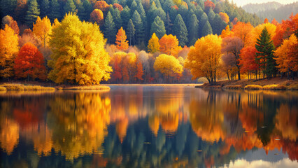 Autumn landscape with colorful trees reflected in calm lake  