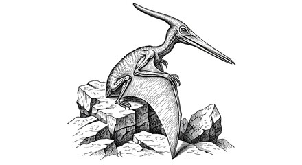Pterodactylus pterosaur sitting on rough stone illustration drawing