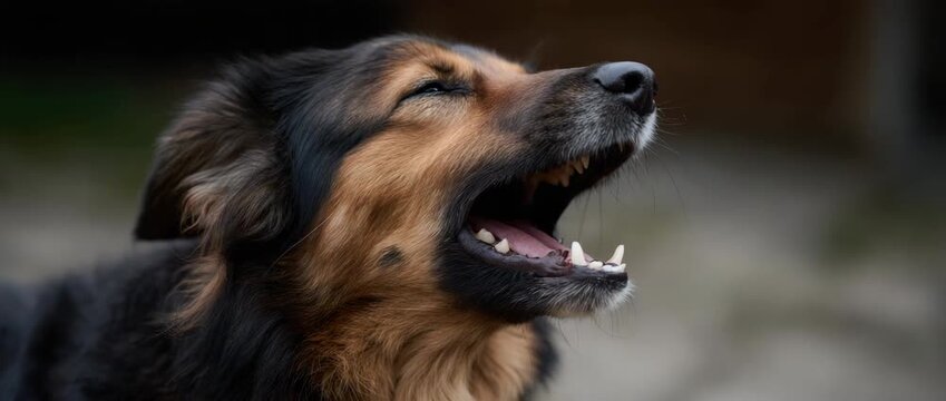 A close-up of a dog howling energetically in nature.