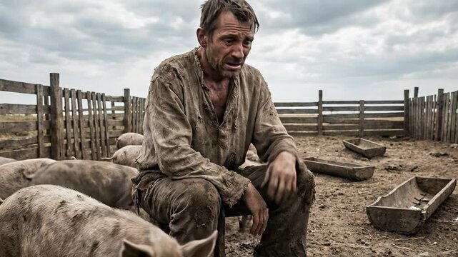 Dirty Prodigal Son Sitting in Muddy Pig Pen Wearing Rags Surrounded by Swine Depicting Biblical Parable of Poverty Regret and Despair in New Testament Luke Gospel History