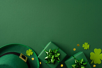 Obraz premium Vibrant green items, shamrocks and gift boxes create a joyful St Patrick's Day scene suitable for greeting cards and promotional material. Hat, ribbons and confetti add festive charm and luck
