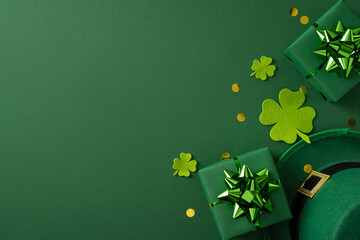 Green themed celebration scene with gifts, shamrocks and confetti. A festive mood conveys luck, joy, and holiday greetings for St Patrick's Day