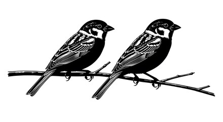 Fototapeta premium Silhouette illustration of two small birds perched on a dark branch