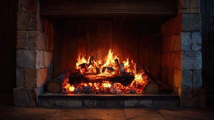 Obraz premium Electric fireplace with a warm flame effect in the stone wall. Stove heater with crackling wood in the living room or bedroom