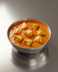 Paneer in Creamy Orange Curry on Silver Surface &mdash; Indian Paneer Masala, Low Cuisine