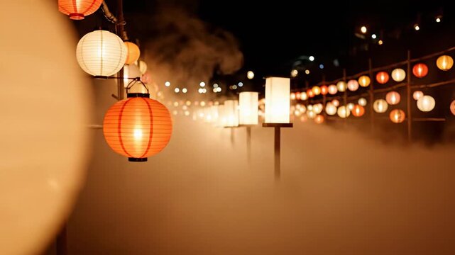 Warm Glow of Traditional Japanese Lanterns Illuminated at Night with Gentle Smoke Drifting Through the Atmosphere Creating a Serene and Festive Ambiance