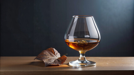 Glass of whiskey on wooden table with autumn leaf beside it  