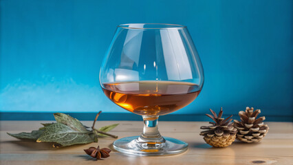 Glass of whiskey on wooden table with pine cones and leaves  