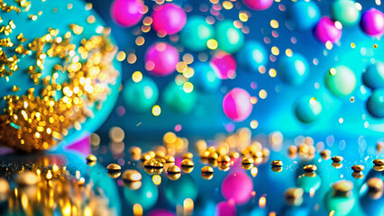 Colorful holiday decorations with gold accents on reflective surface  