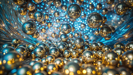 Abstract design with shimmering golden and silver spheres on blue background  