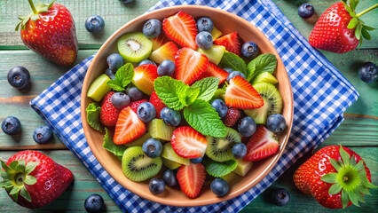 Fresh fruit salad with strawberries, blueberries, and kiwi in bowl  