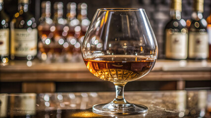 Glass of whiskey on wooden bar counter with blurred bottles behind  