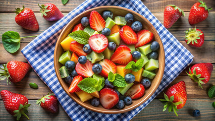 Fresh fruit salad with strawberries, blueberries, and melon in bowl  