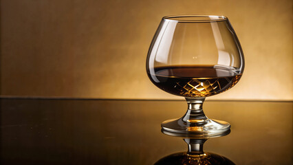 Glass of whiskey on a reflective surface with golden background  